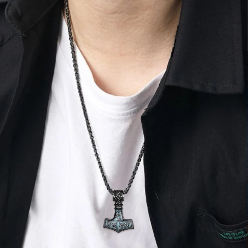 14K Gold Plated Turquoise Wolf Thor's Hammer Ankh Dragon Lion Compass Crucifix Pendant Necklace for Men