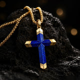 14K Gold Plated Turquoise Lapis Lazuli Cross Necklace for Men with Adjustable Chain