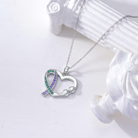 Sterling Silver Teal and Purple Ribbon Ribbon Pendant Necklace Awareness Jewelry Inspirational Gifts for Women