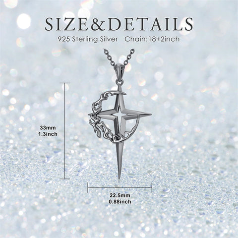 Sterling Silver Gothic Black Moon and Star Pendant Necklace