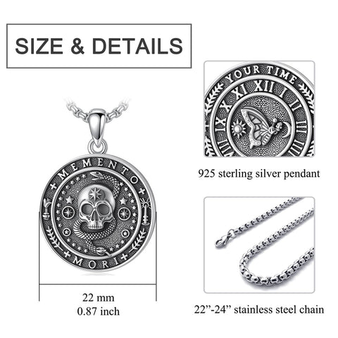 Sterling Silver Gothic Skull Memento Mori Pendant Necklace