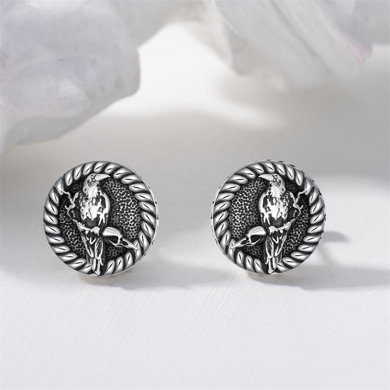 Sterling Silver Viking Raven Crow Skull Stud Earrings