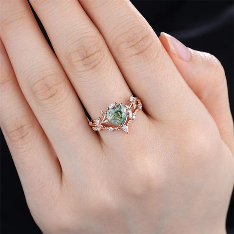 Sterling Silver 2CT Heart Green Moss Agate Wedding Engagement Ring Set for Women