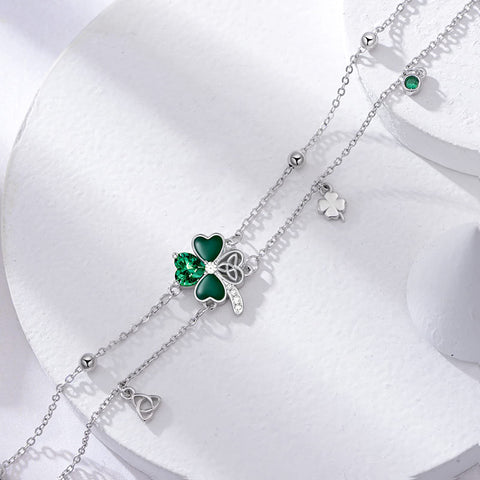 Sterling Silver Four Leaf Clover Multi-layered Anklet