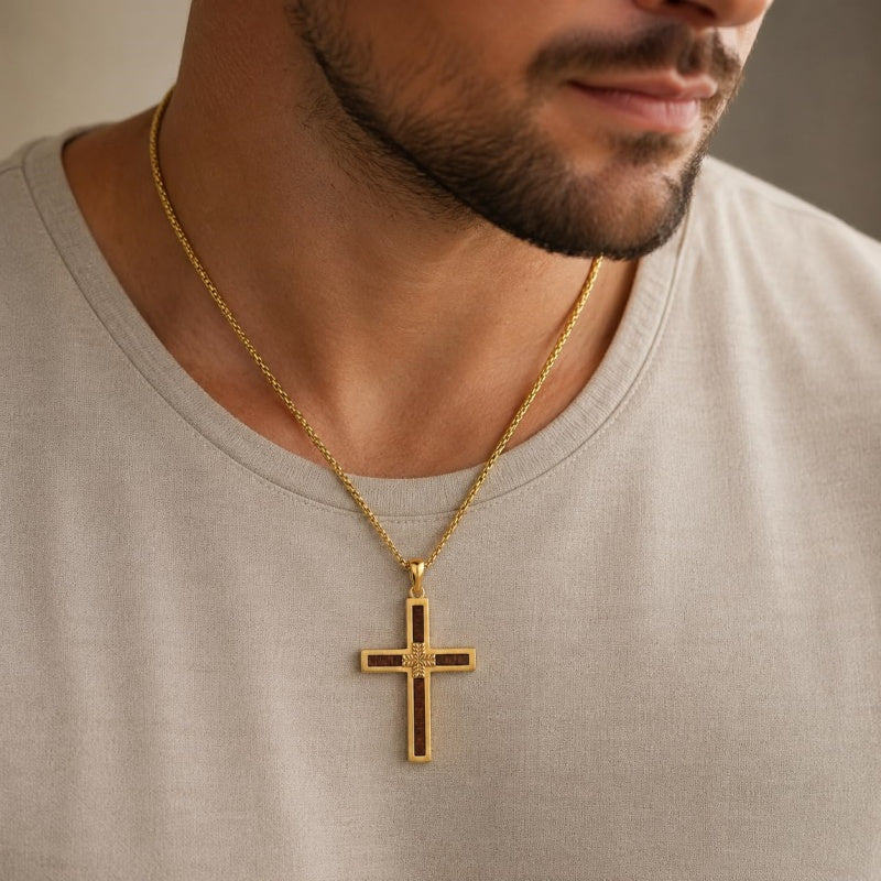 14K Gold Plated Wooden Cross Pendant Necklace Christian Catholic Jewelry Religious Gift
