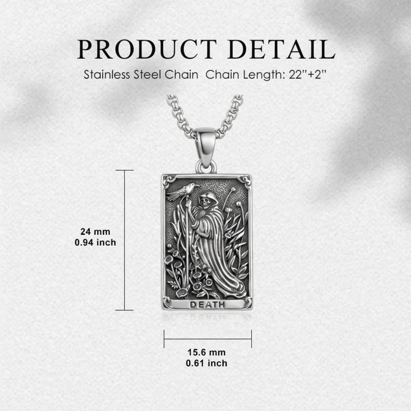 Sterling Silver Tarot Card Pendant  Necklace for Men Gothic Amulet Jewelry