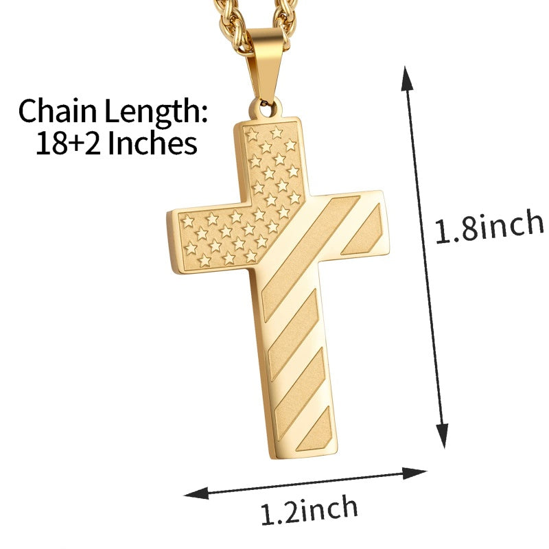 14K Gold Plated Personalized Engraved American Flag Cross Pendant Necklace