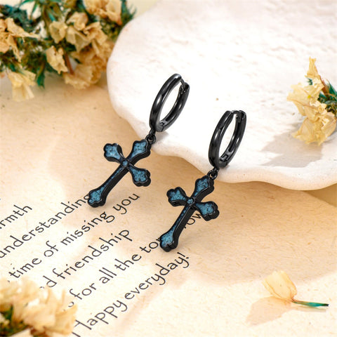 Sterling Silver Black Sword Cross Hoop Earrings Gift for Men Women