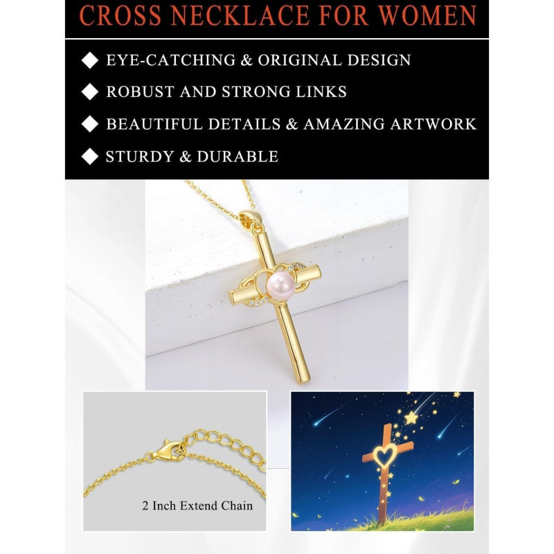 14K Gold Plated Cross Pendant Necklace for Women