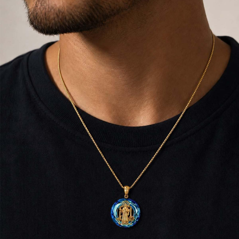 14K Gold Plated Blue Crystal Saint Protection Pendant Necklace Amulet Baptism Gift