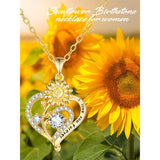 Sterling Sliver Birthstone Love Heart & Sunflower Pendant Necklace Engraved With You Are My Sunshine