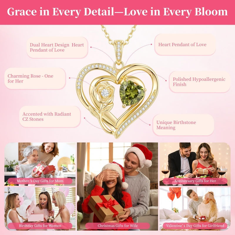 14K Gold Plated Birthstone Rose Heart Birthstone Necklace for Women