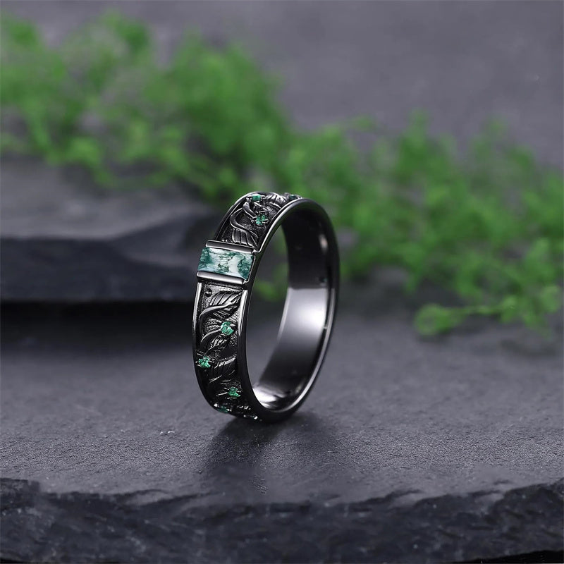 Sterling Silver 10K 14K 18K Gold Natural Leaf  Moss Agate Engagement Anniversary Couple Ring Sets