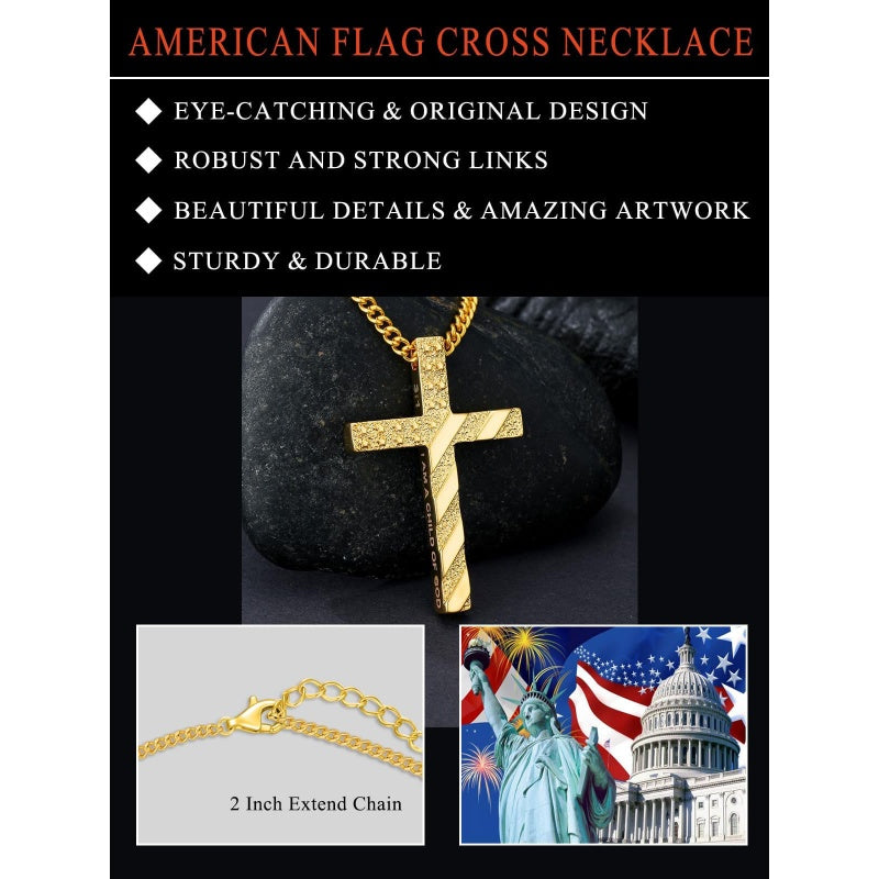 Bible Verse 14K Gold Plated American Flag Cross Necklace for Men