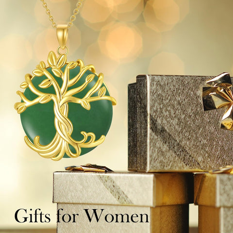 14k Gold Plated Sterling Silver Round Jade Tree of Life Necklace Good Fortune Jewelry for Women