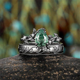 Sterling Silver 10K 14K 18K Gold Natural Leaf  Moss Agate Engagement Anniversary Couple Ring Sets