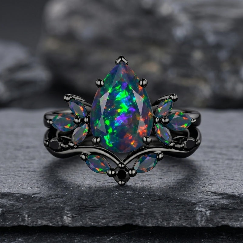 Sterling Silver 10K  14K  18K  Gold Personalized Engraved Black Opal Engagement Wedding Promise Ring for Her