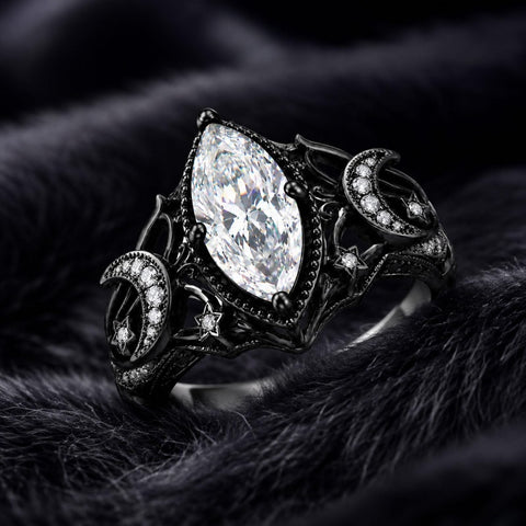Sterling Silver 10K 14K 18K Gold Moissanite Gothic Black  Engagement Wedding Ring  for Women Halloween Gift
