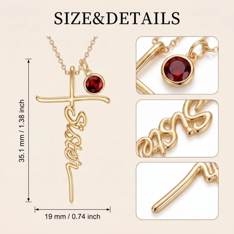 14K Gold Plated Birthstone Sister Cross  Pendant Necklace