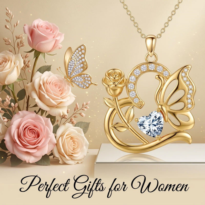 14K Gold Plated Heart Birthstone Rose Mom Butterfly Pendant Necklace for Women