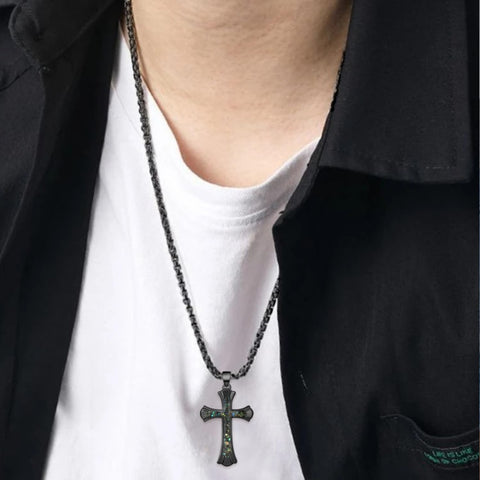 14K Gold Plated Turquoise Malachite Abalone Shell Cross Pendant Necklace for Men