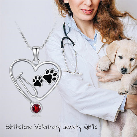 Sterling Silver Birthstone Veterinary& Dog Paw  Pendant Necklace