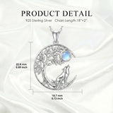 Sterling Silver Moonstone Tree of Life Wolf Cat Fox Rabbit Monkey Pendant Necklace Gift for  Birthday Christmas
