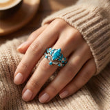 Sterling Silver Personalized Engraved 1-3CT Turquoise Engagement  Wedding Promise Ring Set for Her