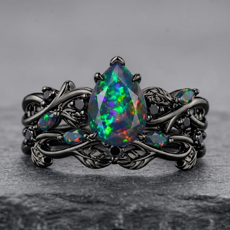 Sterling Silver 10K  14K  18K  Gold Personalized Engraved Black Opal Engagement Wedding Promise Ring for Her