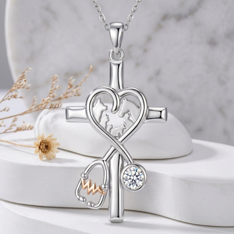 14K Gold Plated  Birthstone Stethoscope Cross Necklace Graduation Gifts for Women RN