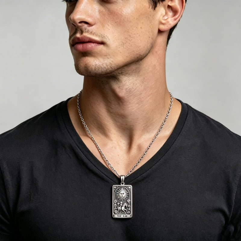 Sterling Silver Tarot Card Pendant  Necklace for Men Gothic Amulet Jewelry