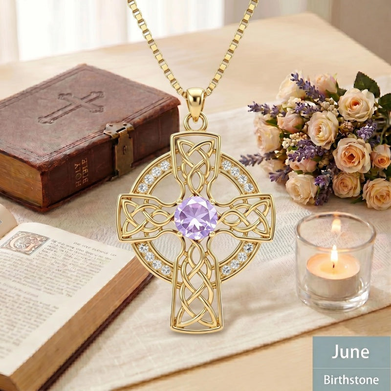 14K Gold Plated Birthstone Celtic Knotwork Cross Necklace for Women