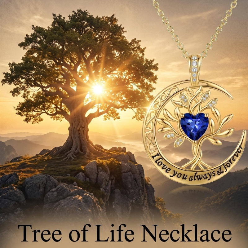 10K 14K 18K Gold Birthstone Tree of Life Pendant Necklace Engraved with I Love You Always & Forever