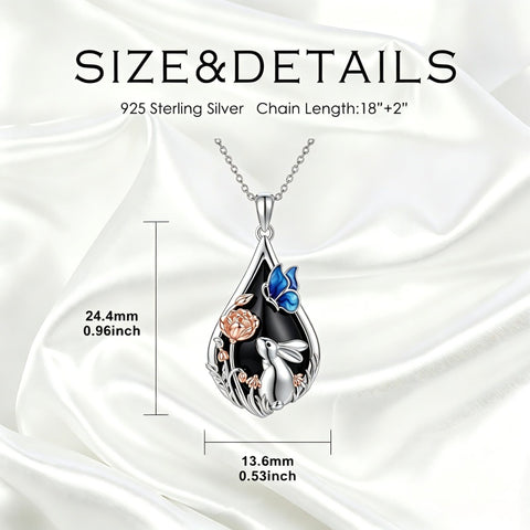 Sterling Silver Obsidian Bunny Cat Elephant Dog Fox Teardrop Pendant Necklace