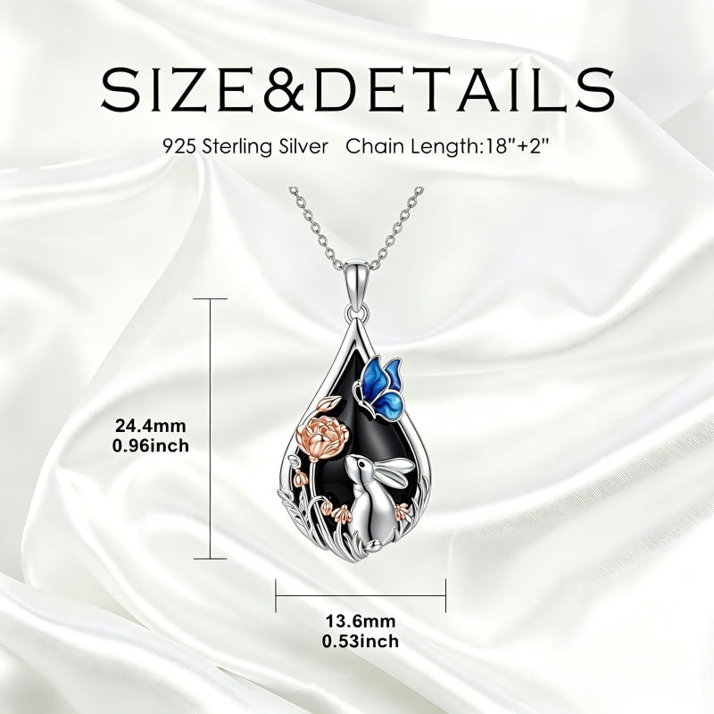 Sterling Silver Obsidian Bunny Cat Elephant Dog Fox Teardrop Pendant Necklace