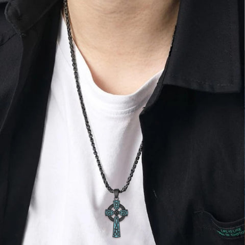 14K Gold Plated Turquoise Malachite Abalone Shell Cross Pendant Necklace for Men