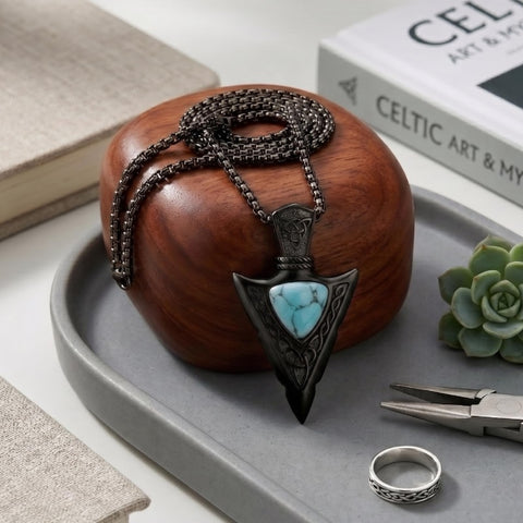 14K Gold Plated Moss Agate Turquoise Valknut Viking Arrow Head Pendant Necklace for Men