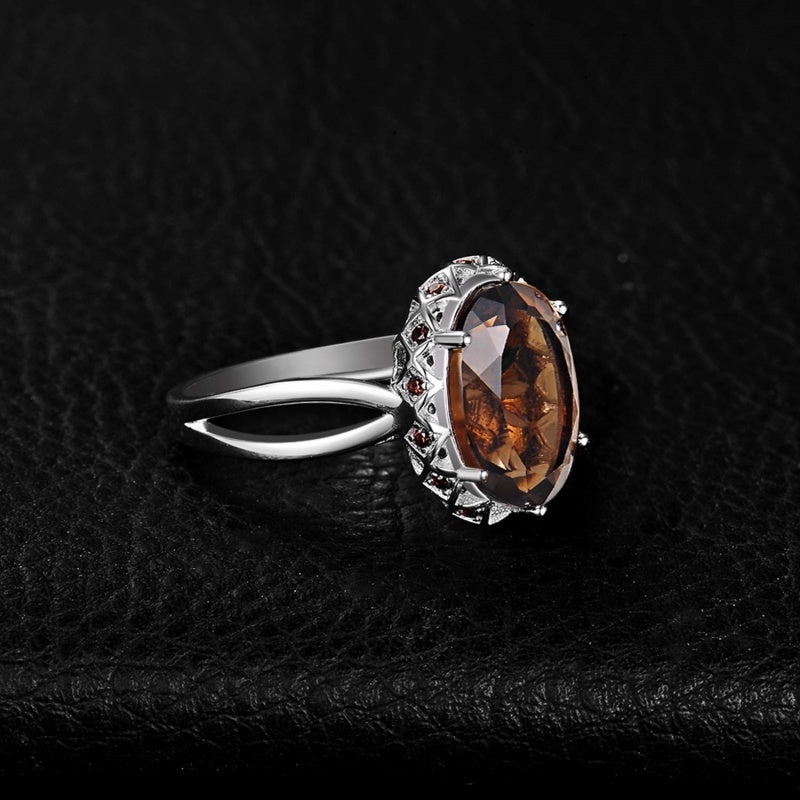 14K Gold Plated  Oval Shape 3.7CT Genuine Smoky Quartz Cocktail Rings for Her
