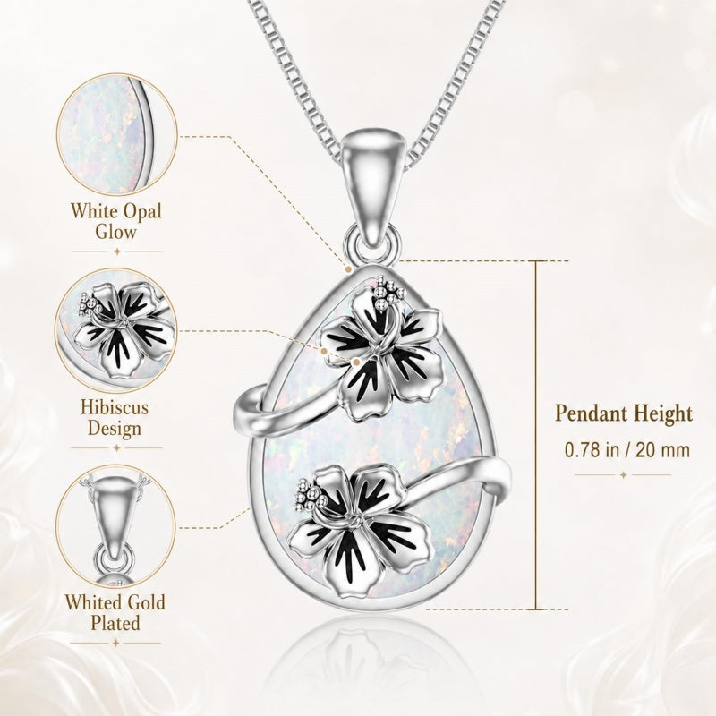 14K  White Gold Plated White Opal Flower Pendant Necklace Birthday Anniversary Jewelry Gifts for Women