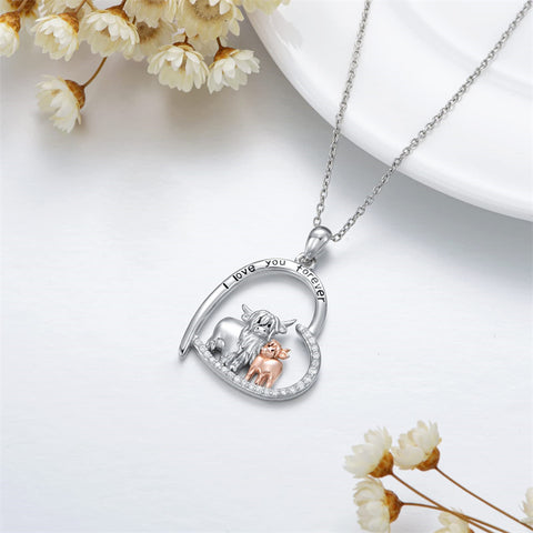 Sterling Silver Heart Highland Cow Pendant Necklace Engraved With I Love You forever
