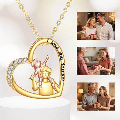 10K 14K 18K Real Gold Cubic Zirconia Daughter and Father Pendant Necklace with Engraved