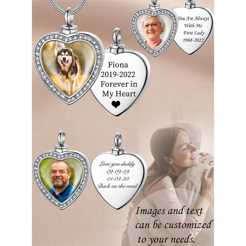Stainless Steel Personalized Photo Engraved Heart Urn Necklace for Ashes