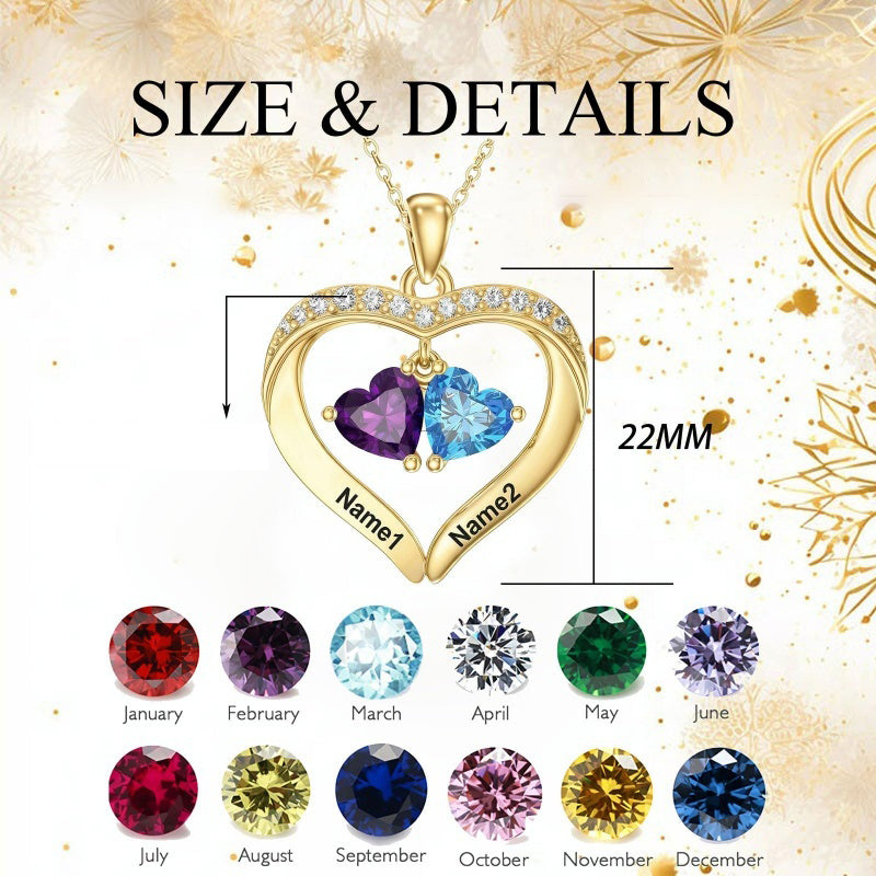 14K Gold Plated Personalized 1-5 Heart Birthstone Names Necklace  for Women