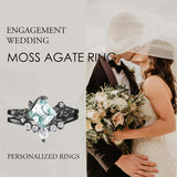 Sterling Silver Personalized Engraved Moss Agate Bridal Wedding Promise Engagement Ring Set for Women