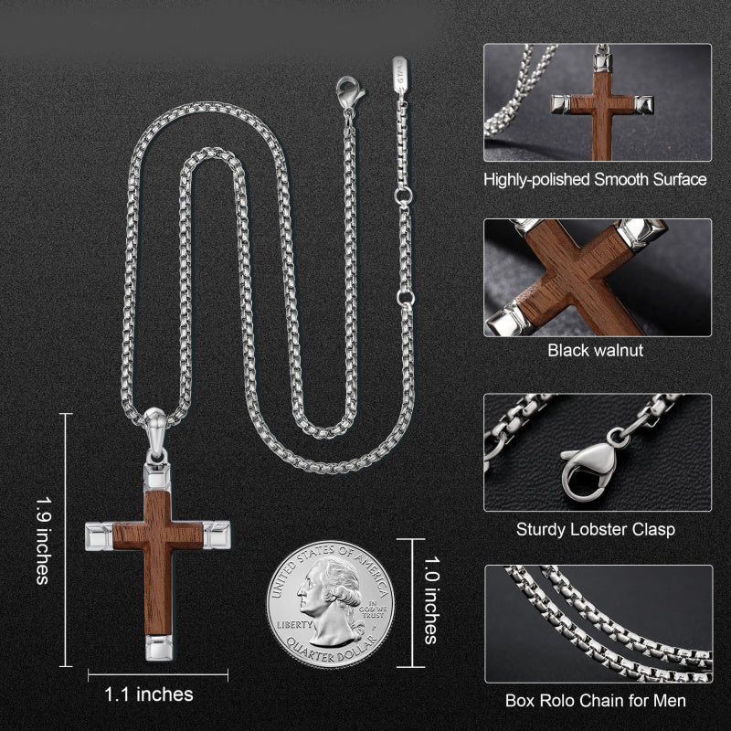 14K Gold  Plated Wooden Cross Crucifix Pendant Necklace for Men