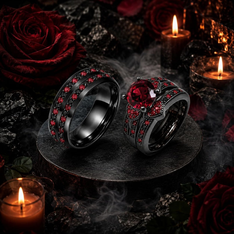 Sterling Silver 10K 14K 18K Gold Personalized Engraved  Halloween Dark Red Gemstone Couple Ring Set