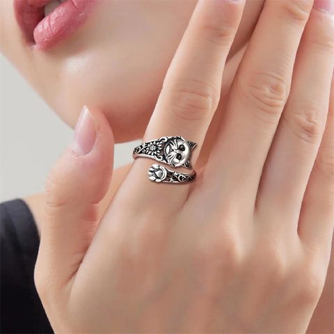 Sterling Silver Cat Adjustable Spoon Ring for Women