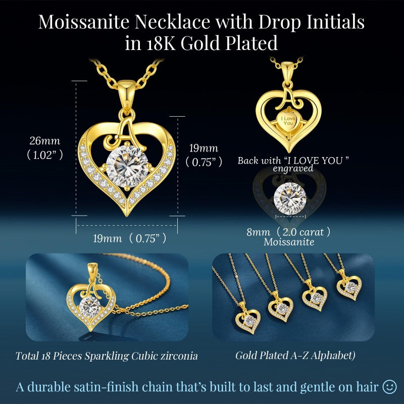 14K Gold Plated Initial Love Heart 2 Carat Moissanite Necklaces for Women Christmas Anniversary Birthday Present Gifts