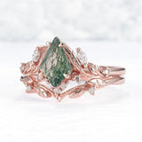 Sterling Silver 10K 14K 18K Gold  Personalized  Engraved Natural Moss Agate Engagement Bridal Wedding Ring Set