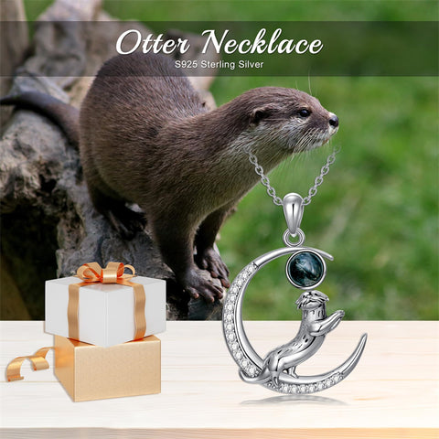 Sterling Silver Moss Agate Moon Otter Pendant Necklace